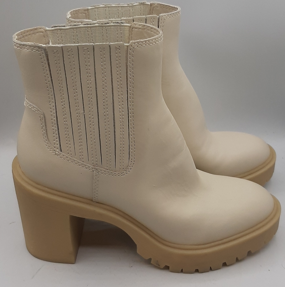 Dolce Vita Caster H2O Ivory Leather Pull On Chunky Lugged Block Heel Ankle Boots